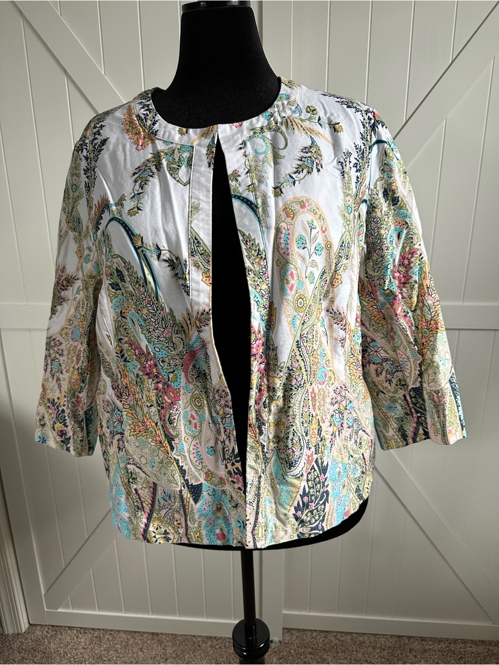 Chico’s Size 3 XL Paisley Print Open Front Jacket Top 3/4 Sleeve XL 16